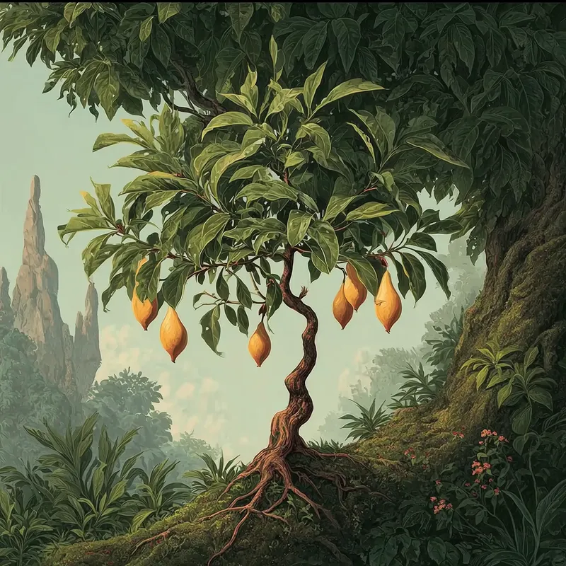 Illustrated iboga tree with roots and fruit