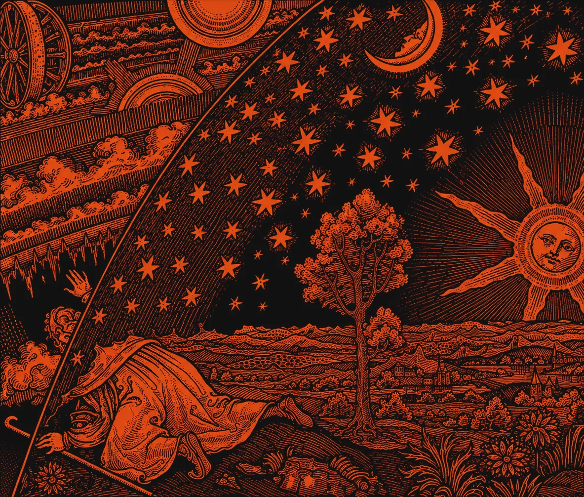 Flammarion engraving: a traveler peers through the firmament at the mechanism of the cosmos