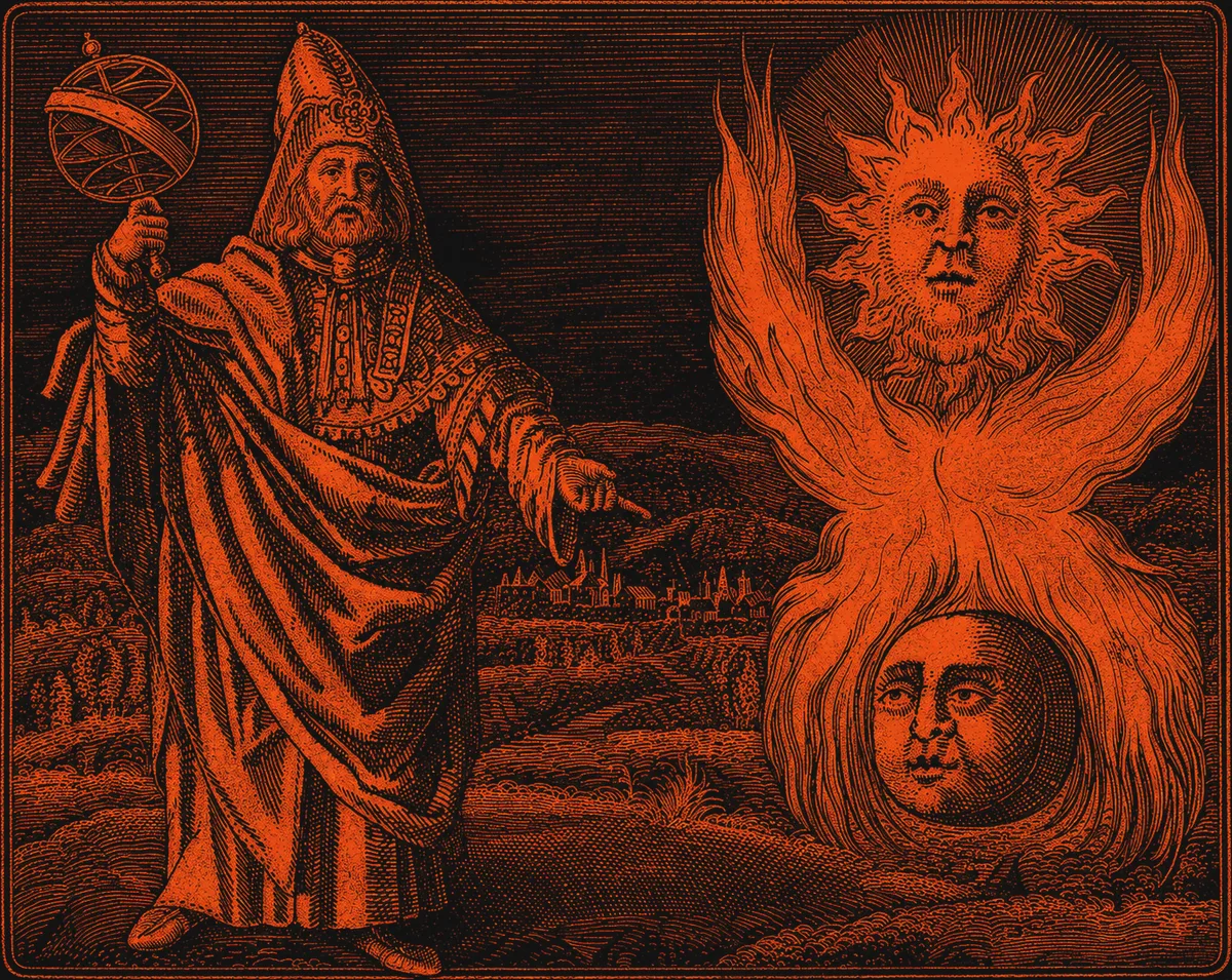 Engraving of a robed sage with an armillary sphere pointing toward the sun and moon rising from flames