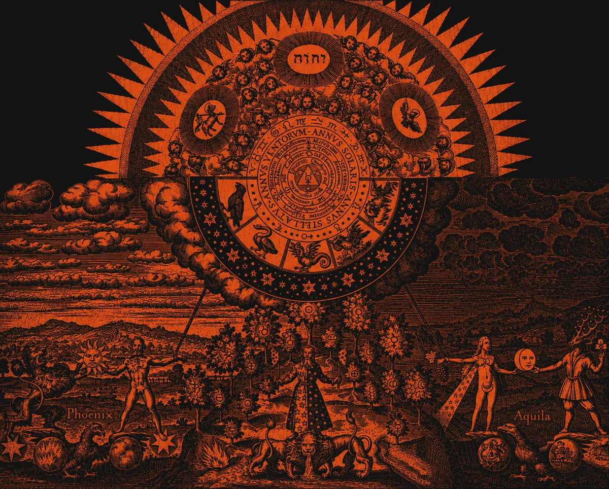 Alchemical engraving: the solar and stellar year revolve above the phoenix, the eagle, and the philosopher's garden